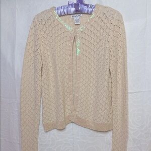ALEXANDRA BARTLETT peach colored Knit Cardigan. Size M 100% Cotton. Sequin trim